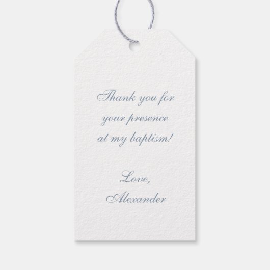 Baptism Boy Dusty Blue Faux Silver Arch Script Cadeaulabel (Achterkant)