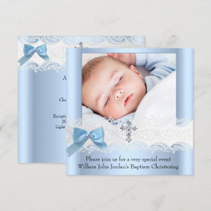Baptism Boy Foto Blue White Lace Jewel Cross 3 Kaart
