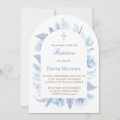 Baptism boy pastel blue foliage invitation (Devant)