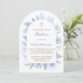 Baptism boy pastel blue foliage invitation (Debout devant)