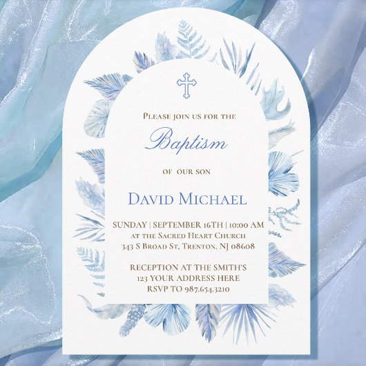 Baptism boy pastel blue foliage invitation