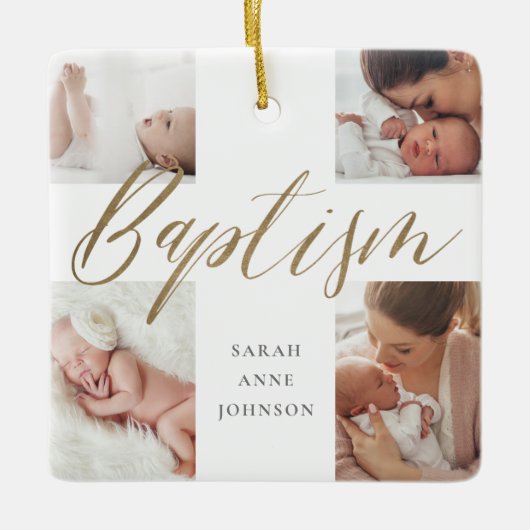 Baptism Calligraphy Photo Collage Baby Keepsake Keramisch Ornament (Voorkant)