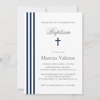 BAPTISM Chic Vertical Striped Navy Blue Cross Kaart