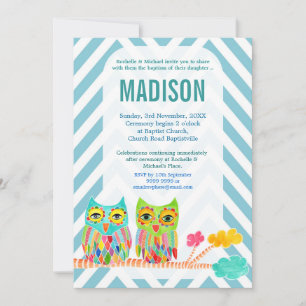 Baptism Christening Chevron Rainbow Owls Invite Kaart