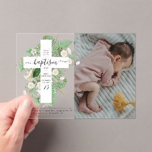 Baptism Christening Cross Greenery Custom Photo Acryl Uitnodigingen