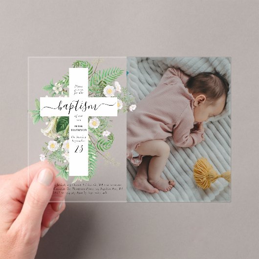 Baptism Christening Cross Greenery Custom Photo Acryl Uitnodigingen (Insitu (Draagbaar))