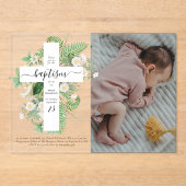 Baptism Christening Cross Greenery Custom Photo Acryl Uitnodigingen (Voorkant)