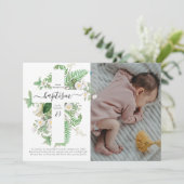 Baptism Christening Cross Greenery Custom Photo Bedankkaart (Staand voorkant)