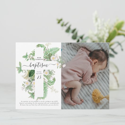 Baptism Christening Cross Greenery Custom Photo Bedankkaart (Staand voorkant)