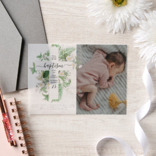 Baptism Christening Cross Greenery Custom Photo Vellum Uitnodigingen