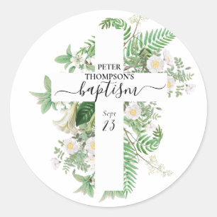 Baptism Christening Cross Greenery Gender Neutral Ronde Sticker