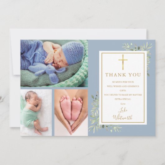 Baptism Christening Greenery 3 Foto Dusty Blue Bedankkaart (Voorkant)