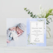 Baptism Christening Greenery Blue Waterverf Foto Bedankkaart (Staand voorkant)
