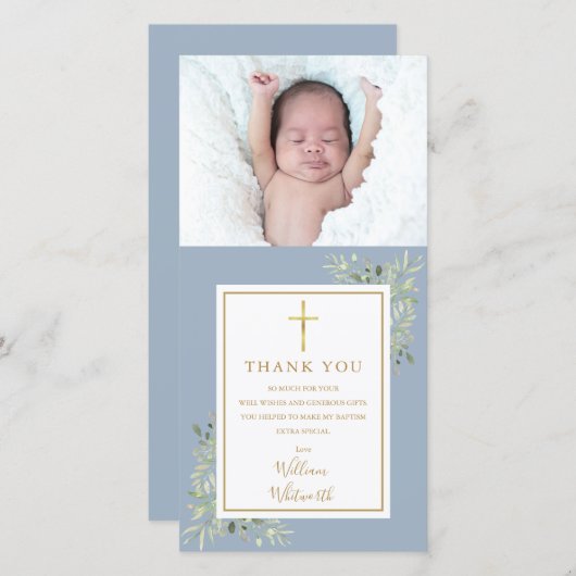 Baptism Christening Greenery Foto Blue Bedankkaart (Voorkant / Achterkant)