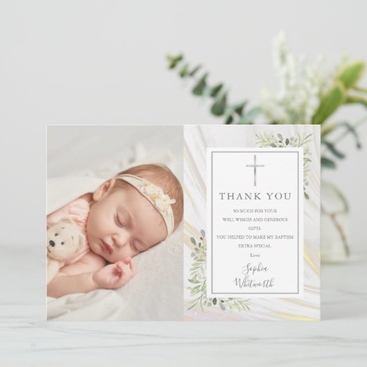 Baptism Christening Greenery Marble Swirl Foto Bedankkaart (Staand voorkant)