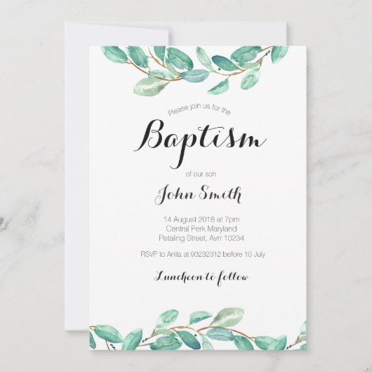 Baptism Christening Invitation Card Botanical Kaart (Voorkant)