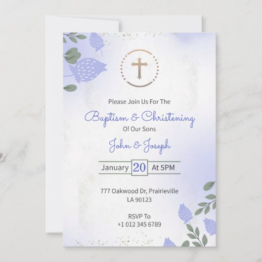 Baptism & Christening Invitation in floral design (Devant)