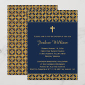 Baptism Christening Invitation Navy Blue Gold Kaart (Voorkant / Achterkant)