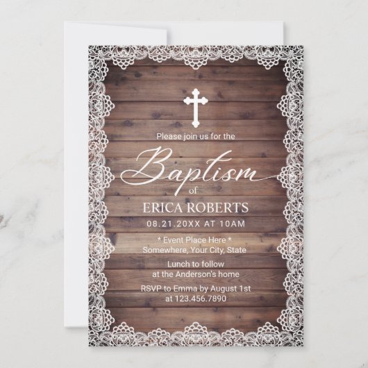 Baptism Christening Lace Rustic Wooden Kaart (Voorkant)