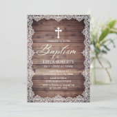 Baptism Christening Lace Rustic Wooden Kaart (Staand voorkant)