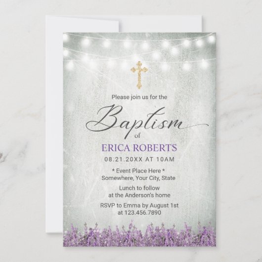 Baptism Christening Rustic Lavender Floral Kaart (Voorkant)