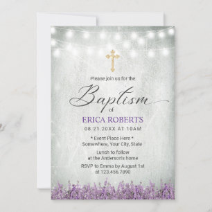 Baptism Christening Rustic Lavender Floral Kaart