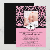 Baptism Christening Uitnodigingen Foto Damask Pink (Voorkant / Achterkant)