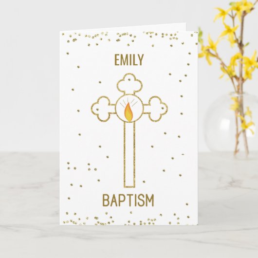 Baptism Custom Name Emily Gold Cross Kaart (Gele Bloem)