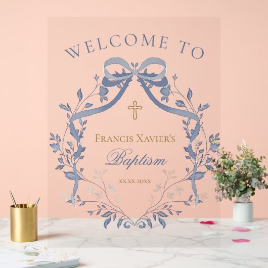 Baptism elegant blue bow welcome sign (Mariage)