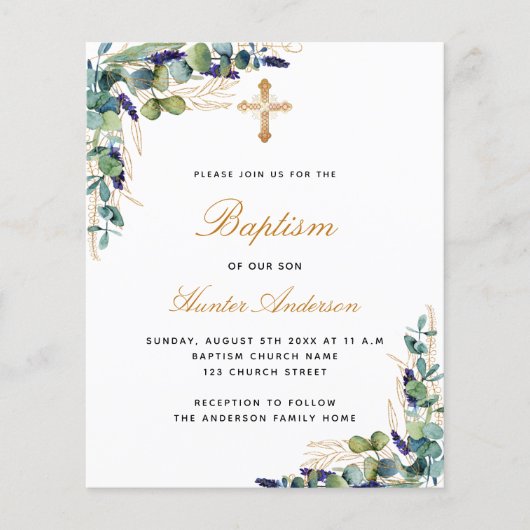 Baptism eucalyptus greenery blue budget uitnodigin flyer (Voorkant)
