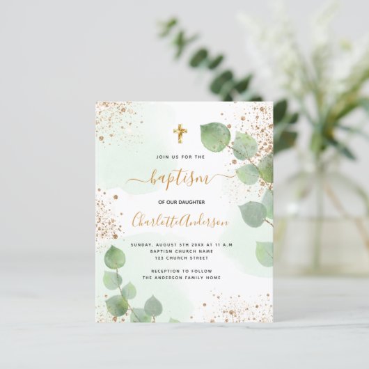 Baptism eucalyptus greenery budget uitnodiging (Staand voorkant)