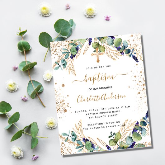 Baptism eucalyptus greenery Gold budget uitnodigin Flyer