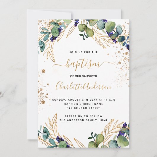 Baptism eucalyptus greenery Gold script Kaart (Voorkant)