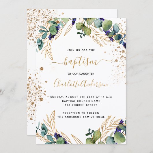 Baptism eucalyptus greenery Gold script Kaart (Voorkant / Achterkant)