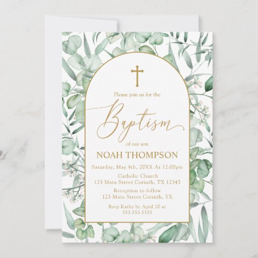 Baptism Eucalyptus leaves Invitation (Devant)