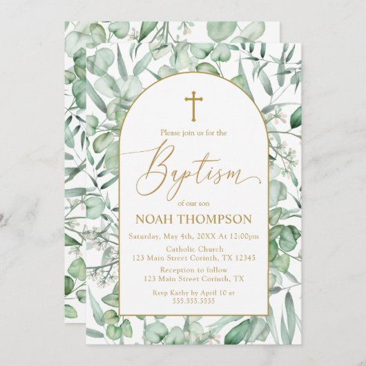 Baptism Eucalyptus leaves Invitation (Devant / Derrière)