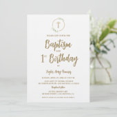 Baptism First Birthday Greenery wreath Gold cross Kaart (Staand voorkant)