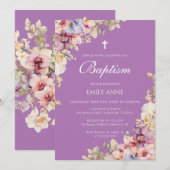 Baptism Floral Orchids purple Invitation (Devant / Derrière)