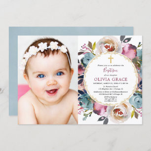 Baptism-fotouitnodiging marineblauw bogundy merlot kaart