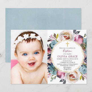 Baptism-fotouitnodiging marineblauw bogundy merlot kaart