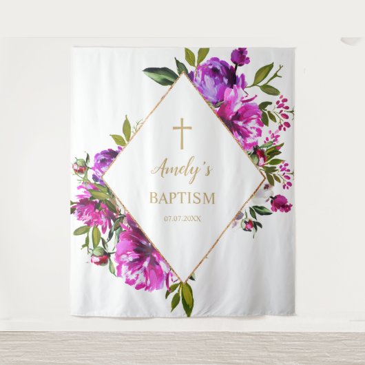 Baptism Girl Backdrop - Purple Flowers Wandkleed (Voorkant)