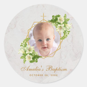 Baptism Girl Foto Floral White Lilies Gold Marble Ronde Sticker