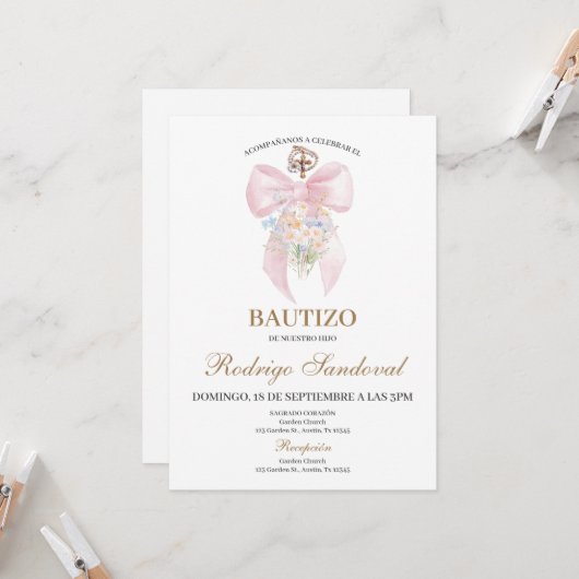 Baptism girl pink bow kaart (Voorkant / Achterkant in situ)