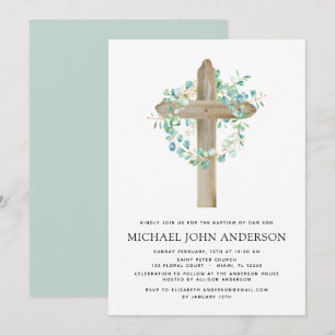 Baptism Greenery Sage Eucalyptus Wooden Cross Invi Kaart