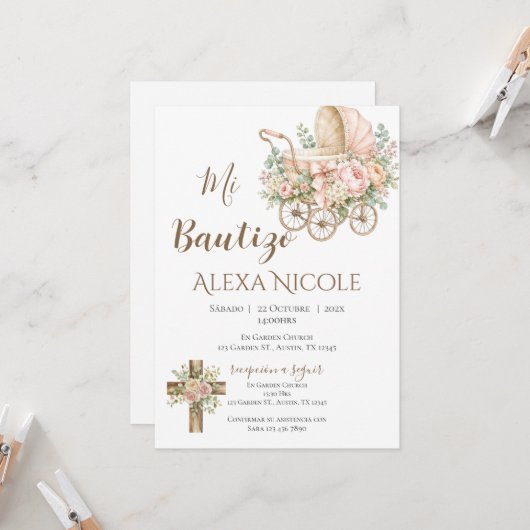 Baptism Invitation in Spanish Boho (Devant/Arrière en situation)