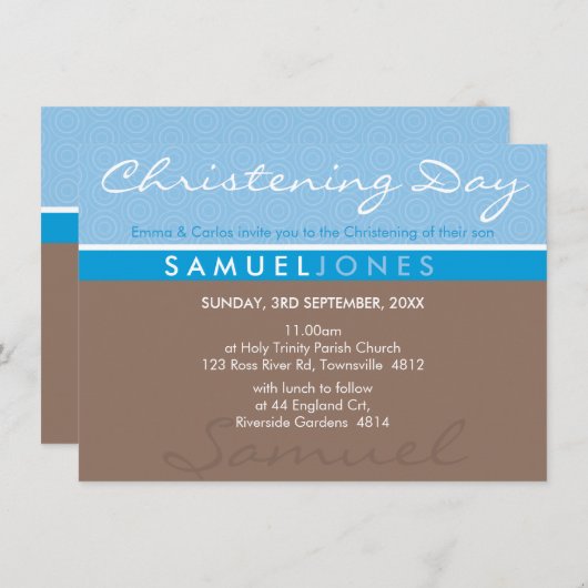 BAPTISM INVITATION moderne simple super mocha bleu (Devant / Derrière)
