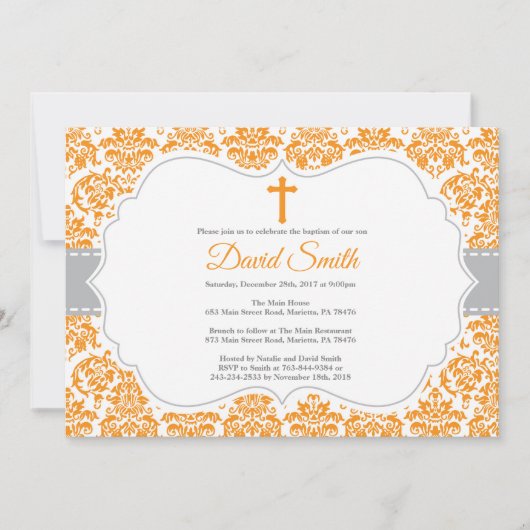 Baptism Invitation Oranje en Grey Damask Kaart (Voorkant)