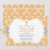 Baptism Invitation Oranje en Grey Damask Kaart (Voorkant / Achterkant)
