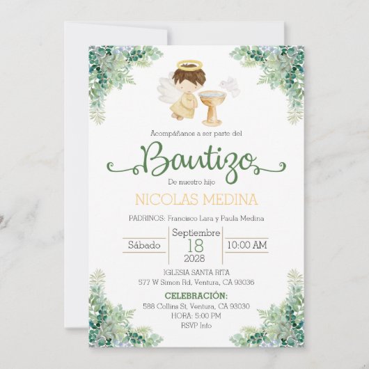 Baptism Invitation Spanish boy greenery  (Devant)