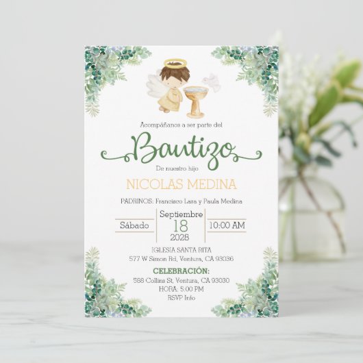 Baptism Invitation Spanish boy greenery  (Debout devant)